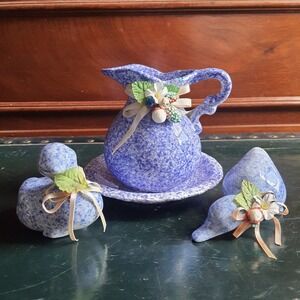 Vintage Enesco 4Pc. Blue SpongeWare Small Pitcher Plate And Pair Of Ducks Decor